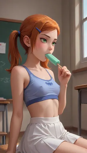 score_9, score_8_up, score_7_up, score_6_up, 18 years old, (sucking a big multi colored popsicles), (blowjob:1.8), (sexually suggestive), Skinny figure, wide angle, ginger hair, Hair in pigtails, accurate anatomy, smile, 1girl, masterpiece, white short top, white skirt jyzjk, edgpskirt, beautiful, Dynamic pose, seductive, cute, (small breasts, erect nipples), ((/Ben10)), (ultra, HD, quality, details), (green, eyes), (cartoon:1.5), classroom, school, ((Background black man watches girl)), <lora:Animated_Concept:.4>, <lora:NEOTOKIOXL_0.2_RC:.8>, <lora:outline_xl_kohaku_delta_spv5x:.8>