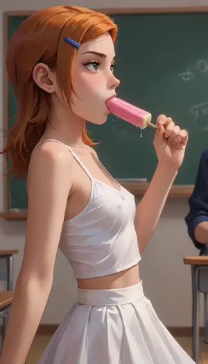 score_9, score_8_up, score_7_up, score_6_up, 18 years old, (sucking a big multi colored popsicles), (blowjob:1.8), (sexually suggestive), Skinny figure, wide angle, ginger hair, Hair in pigtails, accurate anatomy, smile, 1girl, masterpiece, white short top, white skirt jyzjk, edgpskirt, beautiful, Dynamic pose, seductive, cute, look at the viewer, side view, (small breasts, erect nipples), ((/Ben10)), (ultra, HD, quality, details), (green, eyes), (cartoon:1.5), classroom, school, ((Background black man watches girl)), <lora:Animated_Concept:.4>, <lora:NEOTOKIOXL_0.2_RC:.8>, <lora:outline_xl_kohaku_delta_spv5x:.8>