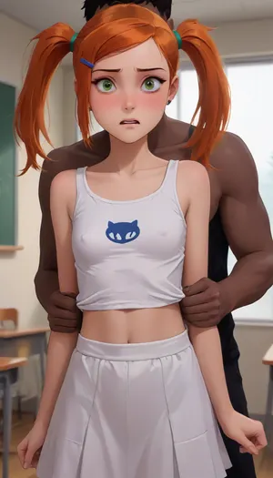 score_9, score_8_up, score_7_up, score_6_up, 18 years old, 1girl, (faceless male), (huge high 1 black man, grabbing from behind, shoulders grab:1.5), Skinny figure, wide angle, ginger hair, Hair in pigtails, accurate anatomy, scared, Shock, wide eyes, masterpiece, white short top, white skirt jyzjk, edgpskirt, beautiful, Dynamic pose, seductive, cute, look at the viewer, best viewing angle, (small breasts, erect nipples), ((/Ben10)), (ultra, HD, quality, details), (green, eyes), (cartoon:1.5), classroom, school, <lora:Animated_Concept:.4>, <lora:NEOTOKIOXL_0.2_RC:.8>, <lora:outline_xl_kohaku_delta_spv5x:.8>