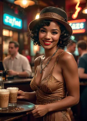 vibrant Flapper Dress, black afro hairstyle, cloche hat, silk tights, long beaded necklaces, sexy smile, laughing, flirtatious attitude, perfect teeth, she is working in a nightclub as a hostess, (she is holding a serving tray filled with coffees), she is busy serving packed tables while a crowd watches an enthusiastic jazz band perform, the bar is filled with high energy excitement, Masterwork, masterpiece, award winning photo, photojournalism, cinematic lighting, quality face, detailed face, drama, dynamic pose, highly detailed, best quality, perfect rendering, score_9, score_8_up, score_7_up, detailed texture, sharp focus, brilliant contrast, detailed skin texture, highly detailed body, high resolution, maximum detail, 1930s, (style), 30s, hair, Vintage, retro, Archive, photo, jazz, b4r, <lora:Vintage style - XL 1930s SDXL v1.0:1.1>, <lora:jazz_b4r:1>, <lora:style_lora_realis:1.1>, <lora:Vivid Midjourney mimic - XL SDXL v2.0:.8>