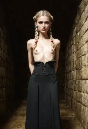 Cruel Torture scene, medieval place, old castle, historic place, Young very slim skinny girl with very light blonde hair and braids, flat chest, tiny tits, mini tits, very skinny, (48 kg), and slim girl, not tall, two braids. Pale skin tone, strikingly beautiful facial features tortured by witch killers in an medieaval dungeon, with all torture instruments.
A dramatic horror scene in a ritual setting. A young blonde woman with very pale skin and two braids is impaled vertically on a rough wooden stake. Her expression shows pain and agony, with her body tense and contorted. She is partially covered by a torn red dress, with most of her body exposed but strategically obscured. She wears black sneakers. Her skin shows red whip marks and superficial wounds, slightly swollen and reddish, without excessive bleeding. Two men in dark robes holding leather whips stand nearby, positioned to the sides, not in focus. The lighting is cold and dim, creating a somber, oppressive atmosphere. Background elements hint at a cultic or ancient ritual site – dark stone, earth tones, mist. The tone is cinematic, gritty, and disturbing, but not explicit or voyeuristic. Style, high-detail cinematic concept art, 3D render or photorealistic illustration, horror movie production style.
atmosphere, ritualistic and oppressive, act of violence with gratuitous brutality, 8k, intricate details, xl details, superfocused, wideangle scene, super sharp, cinematic, <lora:bw-grig:1.4>, <lora:Torture_Tortura_XL-10:1.8>