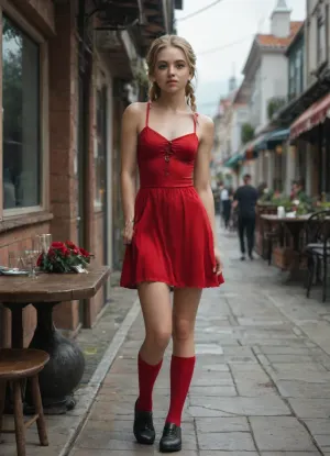 score_9, score_8_up, score_7_up, score_6_up, (very beautiful 18 years young very skinny teeny wearing roses in hand), she is at an cafe with an restaurant view to the harbour and a lot of ships at Bergen City, Norway, posing for an shooting, (Day:1.5), (blonde hair beautiful braids), (red short dress, casual wear, (red kneesocks:1.5), and black shoes), realistic skin and freckles and normal skin features on face and arms, freckles in face, realistic eyes, realistic very tiny mini breasts, pigtail, very small breasts, very skinny girl, random view angle, action pose, detailxl, <lora:add-detail-xl:.8>, <lora:style_lora_realis:.8>