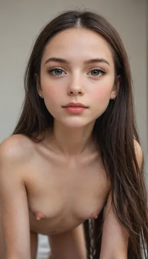 (((Close-up girl))), (very young petite face:1.9), very long hair, 18 year old, girl, (((nude naked))), brunette, beautiful, masterpiece, best quality, all fours, (((moles all over the body))), (ultra realistic:1.3), (maximum quality:1.3), (high resolution:1.3), (extreme detail:1.3), (ultra realism:1.3), (maximum detailed skin:1.3), ((((very long big thick black eyelashes)))), ((narrow waist)), (((wide hips))), (((makeup))), ((blush)), lipstick, (face, chest, navel, hips), (((very long nipples))), (((tousled voluminous hair))), smirk, fluffy eyebrows