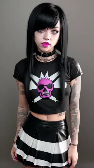 (Ashlyn_SBG), Girlfriend, Freckles, freckles, tongue out, pretty teeth, cute, slim, dimples, Fr3ckles, (bce:1.4), 1girl, solo, (Punk, (hair over eyes), , , Bleach Blonde, Long Black hair, Dark Black hair, two-tone hair, bob cut:1.4), edgpskirt, wearing, punk, skirt, bce, Ashlyn_SBG, <lora:edgPunkSkirt:.8>, <lora:better_creative_hair-06:.5>, <lora:tng-all-v13:1>, <lora:Long_Tongue_Lora:1>, <lora:211219_training_data:1>
