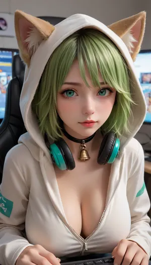 tomboy, bell collar, bluish mint green hair, portrait, tilted head, hoodie, furry hood, hood with fox ears, cute girl, Large headphones are hanging around her neck, gamer, sitting in a computer chair, huge breasts