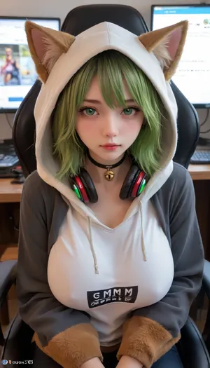 tomboy, bell collar, bluish mint green hair, portrait, tilted head, hoodie, furry hood, hood with fox ears, cute girl, Large headphones are hanging around her neck, gamer, sitting in a computer chair, huge breasts