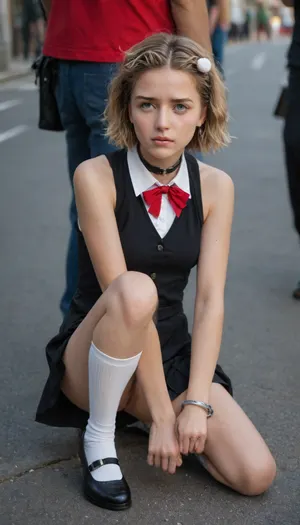 score_7, score_7_up, score_9, score_9_up, BREAK uniform, Red Bow, collared shirt, white shirt, long sleeve, belts, Black Dress, Sleeveless Dress, Pleated Dress, jumper skirt, big, Knee-length socks, white socks, black footwear, uwabaki, short hair, Light Brown Hair, Pom Pom Hair Ornament, Hair Intake, bungs, green eyes, Do you have a manga style Shigure, Cartney, collar, handcuffs, full nude, ((M-letter opening)), street, crying, Male Plural, rape, Sad Expression, fear, Pain, weak々Seems, Trembling High Quality, 4K, Hi-Res, master, asphalt, evening, Dim the view, Digital Medieval Casting, Shame, Pathetic, Sow, Cigarettes in the vagina and anus