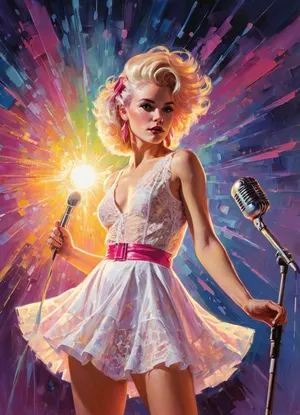 A stylized, impressionist-style painting of a glamorous 1980s punk-pop singer performing on stage. She wears a short white lace dress, pink heels, and a ribbon in her bleached blonde hair. The scene is lit with bursts of vivid, surreal color — fuchsia, electric blue, neon yellow — blending like brushstrokes in a dream. She holds a vintage chrome microphone and stands confidently with a fierce smirk. The background is abstract, a swirl of lights, shapes, and movement, evoking the energy of a live concert without strict realism. Painterly textures, expressive brushwork, retro glam energy, high detail, bold lighting., Niji Stan Katayama Style, 80s vintage pulp sci-fi magazine cover, 80s, vintage, pulp, sci-fi, magazine, cover, <lora:372322_training_data:.8>, <lora:EnvyDarkImpressionismXL01:.8>