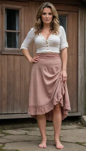 RAW photo, object, (high skin detail:1.1), 8k UHD, soft light, high quality, film grain, Fujifilm XT3, dynamic angle, (mature milf:1.5), curvy peasant woman, brunette with long wavy hair, stands barefoot in front of an old hut, in summer peasant clothes, light tanned skin, ((angry:1.1)), lifting the hem reveals a bare leg, ((lifts up skirt:1.5)), (((unbuttoned blouse)), ((one tit fell out)))