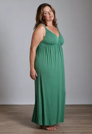 3/4 side view, Full body shot, 50 year old woman, green eyes, thin maxidress, obese, chubby, wide hips, curvy, small floppy breasts, sagging breasts, deflated breasts, tan lines, brown hair, upturned nose, SaggySlimXL, <lora:updated_saggy_slim:1>, <lora:clothed_small:.5>