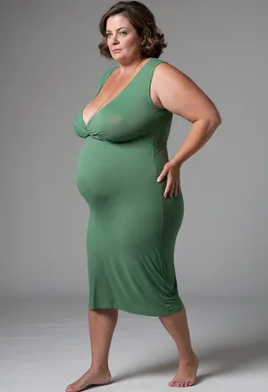 3/4 side view, Full body shot, 50 year old woman, green eyes, thin dress, obese, chubby, wide hips, curvy, small floppy breasts, sagging breasts, deflated breasts, tan lines, brown hair, upturned nose, SaggySlimXL, <lora:updated_saggy_slim:1>, <lora:clothed_small:.5>