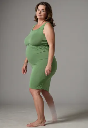 1/4 side view, Full body shot, 50 year old woman, green eyes, tight thin dress, obese, chubby, plump, wide hips, curvy, small floppy breasts, sagging breasts, deflated breasts, tan lines, brown hair, upturned nose, SaggySlimXL, <lora:updated_saggy_slim:1>, <lora:clothed_small:.5>