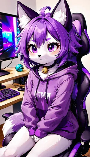 tomboy, bell collar, purple hair, portrait, tilted head, hoodie, furry hood, hood with fox ears, cute girl, gamer, sitting in a computer chair, small breasts