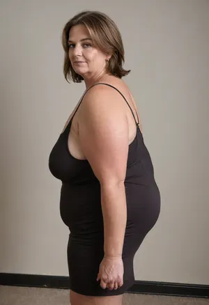 1/4 side view, Full body shot, 50 year old woman, green eyes, black tight thin dress, obese, chubby, plump, wide hips, curvy, small floppy breasts, sagging breasts, deflated breasts, tan lines, brown hair, upturned nose, SaggySlimXL, <lora:updated_saggy_slim:1>, <lora:clothed_small:.5>
