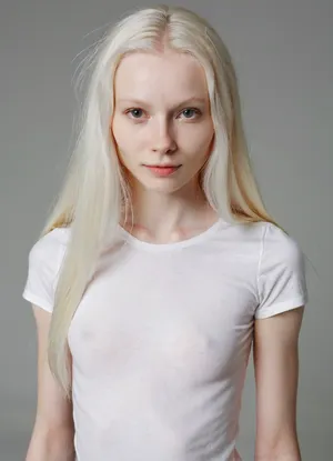 A photorealistic portrait of a Scandinavian woman, called Fiona, 20 y.o., with long wild white hair, extremely pale skin, extremely pale face, albino, high cheekbones, very skinny face, face fully visible, wearing a plain white t-shirt, skinny, 8K, UHD, hyper-photorealistic