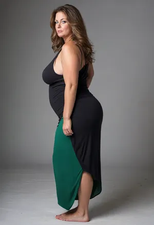 side view, Full body shot, 50 year old woman, layered haircut, long hair, green eyes, black thin maxidress, obese, chubby, wide hips, curvy, small floppy breasts, sagging breasts, deflated breasts, tan lines, brown hair, upturned nose, SaggySlimXL, <lora:updated_saggy_slim:1>, <lora:clothed_small:.5>, bottomheavy, big, ass, huge, gigantic, thick, thighs, massive, <lora:bottomheavy_v1_sdxl_tags:.8>