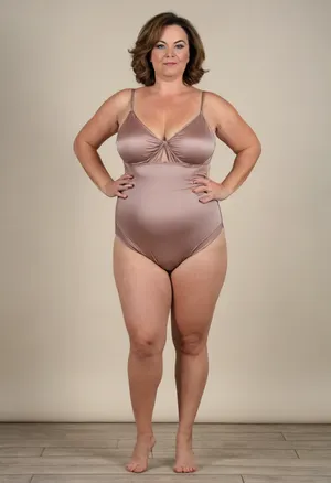 Full body shot, 50 year old woman, layered haircut, green eyes, silk v-neck spaghetti strap leotard, silk highwaist shorts, obese, chubby, wide hips, curvy, small floppy breasts, sagging breasts, deflated breasts, tan lines, brown hair, upturned nose, SaggySlimXL, <lora:updated_saggy_slim:1>, <lora:clothed_small:.5>, bottomheavy, big, ass, huge, gigantic, thick, thighs, massive, <lora:bottomheavy_v1_sdxl_tags:.8>