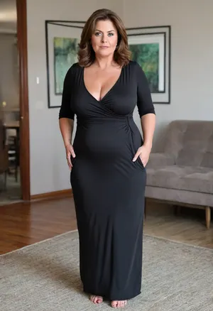 Full body shot, 50 year old woman, layered haircut, green eyes, black tight thin v-neck maxidress, obese, chubby, wide hips, curvy, cleavage, small floppy breasts, sagging breasts, deflated breasts, tan lines, brown hair, upturned nose, SaggySlimXL, <lora:updated_saggy_slim:1>, <lora:clothed_small:.5>, bottomheavy, big, ass, huge, gigantic, thick, thighs, massive, <lora:bottomheavy_v1_sdxl_tags:.8>