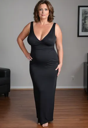 Full body shot, 50 year old woman, layered haircut, green eyes, black tight thin v-neck maxidress, obese, chubby, wide hips, curvy, cleavage, small floppy breasts, sagging breasts, deflated breasts, tan lines, brown hair, upturned nose, SaggySlimXL, <lora:updated_saggy_slim:1>, <lora:clothed_small:.5>, bottomheavy, big, ass, huge, gigantic, thick, thighs, massive, <lora:bottomheavy_v1_sdxl_tags:.8>