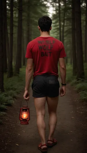 rear view, young male, black hair, thick hair, short hair, ass in view, text painted on male ass "WOLF BAIT" with black marker, wearing red sandals, carrying a lantern, candlelight, walking along a path in a forest, <lora:realistic_male_ass:.5>