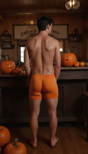 rear view, young male, black hair, thick hair, short hair, wearing orange lycra shorts, ass in view, text painted on male body "SEED EATER" with black marker, wearing orange sandals, standing in a tavern next to a wooden table with several pumpkins all around, tavern has a fireplace, dim lighting, light coming from fireplace, <lora:realistic_male_ass:1>