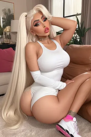 Living room, 18 year old woman sitting on couch, platinum blonde, long straight hair, hyper tanned skin, long fake eyelashes, hyper bimbo, big fake lips, tons of make-up, looking dumb, perfect face, insanely hot, curvy, voluptuous, massive fake breasts, tiny waist, round hips, round ass, perfect legs, very tight tank top, miniskirt, sneakers