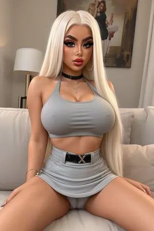 Living room, 18 year old woman sitting on couch, platinum blonde, long straight hair, hyper tanned skin, long fake eyelashes, hyper bimbo, big fake lips, tons of make-up, looking dumb, perfect face, insanely hot, curvy, voluptuous, massive fake breasts, tiny waist, round hips, round ass, perfect legs, very tight tank top, miniskirt, sneakers