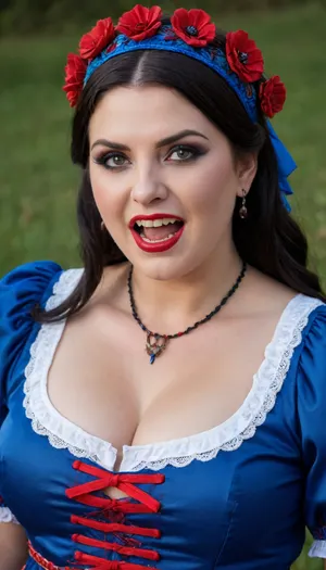 (4K UHD ultra-detailed RAW photo), high detailed, 8k, (photorealistic:1.7), chubby 1women 50 yo, in village, ((standing)), ((milf:1.5)), (((long bloody vampire fangs:1.5))), (((wearing blue Ukrainian summer national costume, Embroidery, floral headband))), ((dark black braid around head haircut)), 1/2 length view, ((sad:1.5)), (makeup:1.3), (4K, high resolution, best quality), plump, skindentation, chubby, bbw, venus, big, ass, tiedtobed, face, up, down, frontal, at, angle, close, rope, black, white, <lora:Chubby BBW - XL:.5>, <lora:add-detail-xl:.5>, <lora:222513_training_data:1>, Perfect, Fangs, fangs, sharp, teeth, fang, <lora:Unfazed vampire - XL SDXL V1.0:.8>