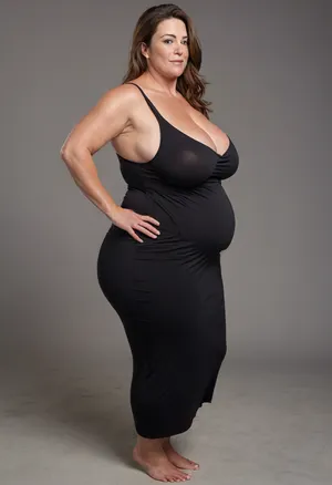3/4 side view, Full body shot, 50 year old woman, green eyes, black thin maxidress, obese, chubby, wide hips, curvy, small floppy breasts, sagging breasts, deflated breasts, tan lines, brown hair, upturned nose, SaggySlimXL, <lora:updated_saggy_slim:1>, <lora:clothed_small:.5>, flat, chest, big, breasts, huge, gigantic, small, hips, thighs, wide, thick, plump, belly, muscular, female, arms, extra, abs, <lora:Venus_Body_Alpha:.8>