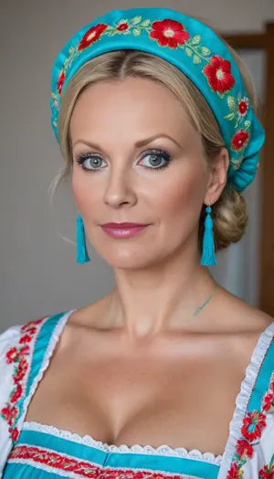 (4K UHD ultra-detailed RAW photo), high detailed, 8k, (photorealistic:1.7), chubby 1women 50 yo, in village, ((standing)), ((milf:1.5)), (((wearing turquoise Ukrainian summer national costume, Embroidery, floral headband))), ((voluminous blonde updo haircut)), 1/2 length view, ((sad:1.5)), (makeup:1.3), (4K, high resolution, best quality), tiedtobed, face, up, down, frontal, at, angle, close, rope, black, white, <lora:add-detail-xl:.5>, <lora:222513_training_data:1>