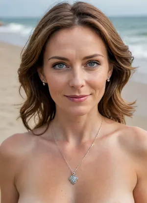 Full body shot, ((48 year old woman)), ((realistic middle-aged woman)), warm and nurturing presence, average height, gently curvy mature body, slight belly paunch, pale skin, soft skin, medium sized sagging breasts, round and full hips, wide hips, milf hips, thick and sturdy thighs, gentle face, inviting face, soft features, laugh lines, wrinkles, shoulder-length wavy chestnut brown hair, blue eyes, fair complexion with natural rosy glow, minimal makeup, warm smile, nude, extremely low neckline, locket necklace, slender bracelet, small stud earrings, standing on the beach