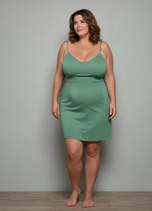 3/4 side view, Full body shot, 50 year old woman, green eyes, thin spaghetti strap minidress, obese, plump, chubby, big hips, wide hips, curvy, small floppy breasts, sagging breasts, deflated breasts, tan lines, brown hair, upturned nose, SaggySlimXL, <lora:updated_saggy_slim:1>, <lora:clothed_small:.5>