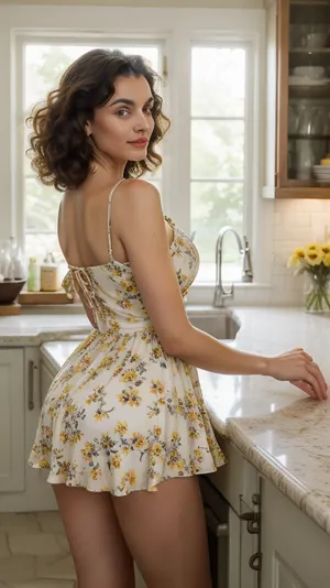 bent over the kitchen counter, back to the camera, beautiful, young, cute, shoulder length curly haired brunette, *glistening body is arched over a weathered, dimly lit 50s-style kitchen counter* undercut russian woman supermodel, wearing a short pale yellow floral summer dress, she stands back to the camera, her butt hangs out the bottom of her dress, legs parted, view of pussy, vagina, cum dripping, nsfw, (masterpiece, best quality, incredible detail, perfect lighting, ultra high skin detail:1.2), perfect face A supermodel with an undercut and russian features, arched over a vintage, dimly lit 50s kitchen counter, her pale yellow floral dress riding up to expose her butt and thighs, legs spread to reveal her vagina, glistening with cum, her shoulder-length curly brunette hair cascading down her back, captured in a masterpiece with perfect lighting and ultra-high skin detail.