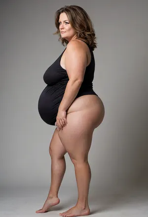 side view, Full body shot, 50 year old woman, layered haircut, long hair, green eyes, black thin dress, obese, chubby, wide hips, curvy, small floppy breasts, sagging breasts, deflated breasts, tan lines, brown hair, upturned nose, SaggySlimXL, <lora:updated_saggy_slim:1>, <lora:clothed_small:.5>, bottomheavy, big, ass, huge, gigantic, thick, thighs, massive, <lora:bottomheavy_v1_sdxl_tags:.8>