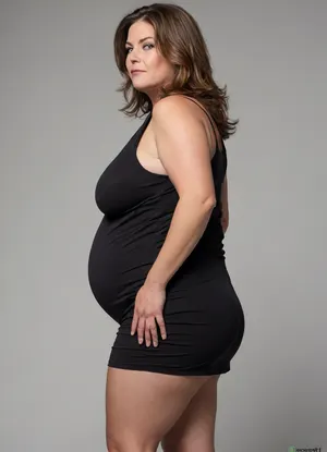 side view, Full body shot, 50 year old woman, layered haircut, long hair, green eyes, black thin dress, obese, chubby, wide hips, curvy, small floppy breasts, sagging breasts, deflated breasts, tan lines, brown hair, upturned nose, SaggySlimXL, <lora:updated_saggy_slim:1>, <lora:clothed_small:.5>, bottomheavy, big, ass, huge, gigantic, thick, thighs, massive, <lora:bottomheavy_v1_sdxl_tags:.8>