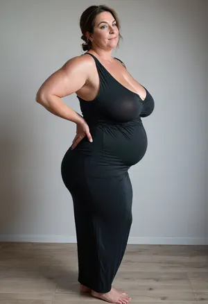 3/4 side view, Full body shot, 50 year old woman, green eyes, black thin maxidress, obese, chubby, wide hips, curvy, small floppy breasts, sagging breasts, deflated breasts, tan lines, brown hair, upturned nose, SaggySlimXL, <lora:updated_saggy_slim:1>, <lora:clothed_small:.5>, flat, chest, big, breasts, huge, gigantic, small, hips, thighs, wide, thick, plump, belly, muscular, female, arms, extra, abs, <lora:Venus_Body_Alpha:.8>