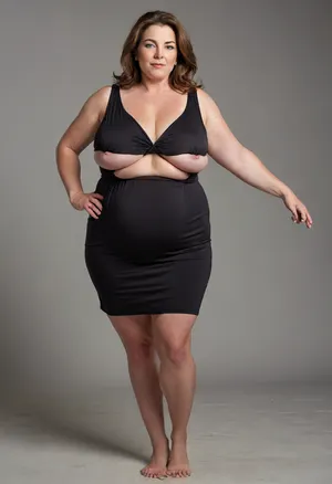 Full body shot, 50 year old woman, green eyes, black thin dress, obese, chubby, wide hips, curvy, small floppy breasts, sagging breasts, deflated breasts, tan lines, brown hair, upturned nose, SaggySlimXL, flat, chest, big, breasts, huge, gigantic, wide, hips, thighs, thick, plump, belly, female, fat, arms, extra, <lora:updated_saggy_slim:1>, <lora:clothed_small:.5>, <lora:Venus_Body_Alpha:.8>
