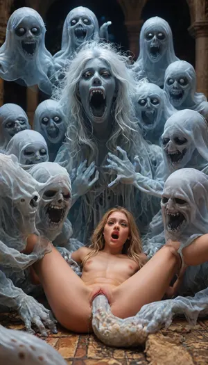 massive werewolf having sex with human solo female, flat-chested, on all fours with legs slightly spread, hands on the floor, massive veining, ribbed cock penetrating pussy, vaginal sex, passionate sex, all the way, moaning, big pussy juices, long sleeve tight bodystocking, athletic body, high definition, blue eyes, blond hair, long hair, extremely beautiful face, very detailed, werewolf opens its mouth and shows its sharp teeth. The scene is in the surroundings of an ancient castle, (orgy with terrifying ghosts and other creatures of the night:1.7), are hiding in all possible corners of the great hall, watching the unlikely couple having sex. The atmosphere is frightening and arousing at the same time. high detailed, 1girl, 1boy, prone, bone, sex, from, behind, <lora:MJ52:1.2>, <lora:xl_more_art-full_v1:.9>, <lora:LCMTurboMix_Euler_A_fix:2>, <lora:eye_catching:1.6>, <lora:Muted Dark Fantasy V3:.8>