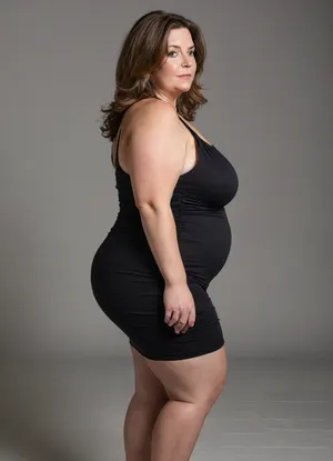 side view, Full body shot, 50 year old woman, layered haircut, long hair, green eyes, black thin dress, obese, chubby, wide hips, curvy, small floppy breasts, sagging breasts, deflated breasts, tan lines, brown hair, upturned nose, SaggySlimXL, bottomheavy, big, ass, huge, gigantic, thick, thighs, massive, <lora:updated_saggy_slim:1>, <lora:clothed_small:.5>, <lora:bottomheavy_v1_sdxl_tags:1.4>