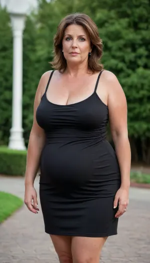 Full body shot, beautiful 50 year old woman, green eyes, black thin minidress, fupa, obese, chubby, plump, wide hips, big hips, curvy, small floppy breasts, sagging breasts, deflated breasts, tan lines, brown hair, SaggySlimXL, <lora:updated_saggy_slim:1>, <lora:clothed_small:.5>