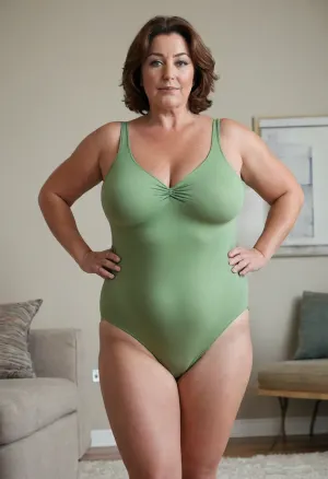 Cass Hamada, aunt_cass, Full body shot, short beautiful 50 year old woman, green eyes, leotard, fupa, obese, chubby, plump, wide hips, huge hips, curvy, small floppy breasts, sagging breasts, deflated breasts, tan lines, brown hair, SaggySlimXL, <lora:updated_saggy_slim:1>, <lora:clothed_small:.5>