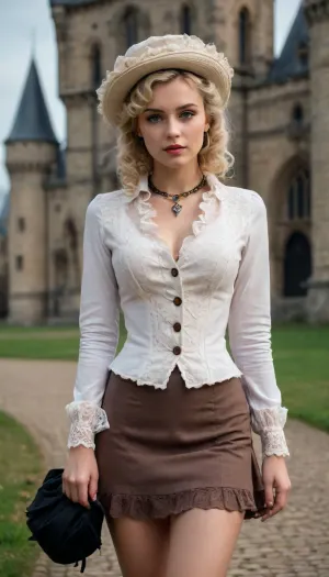 a very beautiful sweet blonde girl with short curls and bangs is dressed in Victorian, aristocratic style, tight white lace long blouse, vest, gray vintage fitted jacket, wide-brimmed vintage retro hat, very short micro skirt under the jacket, bare legs, frilly skirt excessively short and completely exposed hips, everything is visible, necklaces, shackle bracelets, brown eyes, tanned, sweaty, against the background of a neo-Gothic castle