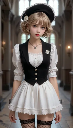 a very beautiful sweet blonde girl with short curls and bangs is dressed in Victorian, aristocratic style, tight white lace long blouse, vest, gray vintage fitted jacket, wide-brimmed vintage retro hat, very short micro skirt under the jacket, bare legs, frilly skirt excessively short and completely exposed hips, fishnet stockings, everything is visible, necklaces, shackle bracelets, brown eyes, tanned, sweaty, against the background of a neo-Gothic castle