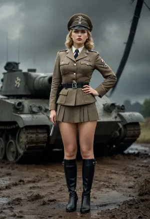 Uber realistic, 8k, ultra detailed, masterpiece, 1girl, beautiful busty female German Nazi ss officer, (WW2, World War 2), (huge_breasts), tits out, tits bulging out, (she is an incredibly beautiful woman with a athletic and voluptuous build, light skin, pale blue eyes and long, wavy light brown hair), (she wears sexy world war 2 german nazi ss officer uniform, black high-heeled boots, black stockings, wears a officer hat on her head), german, nazi, ss officer, muscular legs, toned legs, (european field World War 2 battlefield with dieselpunk World War 2 tanks in background), cloudy, night, storming, action pose, random view angle, wet and muddy ground, detailxl, dark, chiaroscuro, low-key, <lora:add-detail-xl:.8>, <lora:style_lora_realis:.8>, <lora:zavy-cntrst-sdxl:.8>