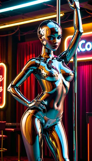 A chrome-plated, sleek, ((stripper-automaton)), its body a polished metal sculpted with intricate curves, dances in a dimly lit, neon-drenched nightclub. Intense strobing lights cast pulsating shadows on the metallic skin, (Stripper:1.4), stripper pole, money is being thrown at her, tuckedmoney, Robot, Skin, Android, <lora:robot_skin_XL_1.0.6:.8>