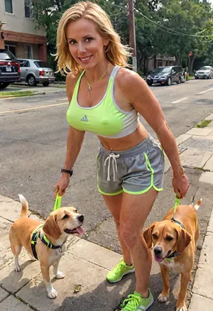 Gorgeous busty blonde MILF jogging with her Beagle dog on a residential sidewalk, holding a leash fastened to the dog’s collar, wearing a tight sleeveless gray shirt and short neon green jogging shorts and white sneakers, happy smile, slender, huge breasts, (realistic skin:1.5), (subsurface scattering), zoom out, sweaty, braless, Wearing, clothes, that, make, sense, with, Braless>, <lora:MJ52:.9>, <lora:bralessSDXL_v1_00022:.2>, <lora:Sweaty_Realism_4-000006:.7>