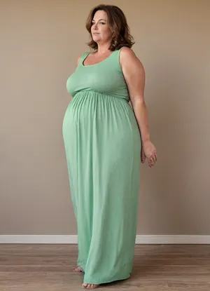 3/4 side view, Full body shot, beautiful 50 year old woman, green eyes, thin maxidress, big butt, obese, chubby, wide hips, curvy, small floppy breasts, sagging breasts, deflated breasts, tan lines, brown hair, SaggySlimXL, <lora:updated_saggy_slim:1>, <lora:clothed_small:.5>