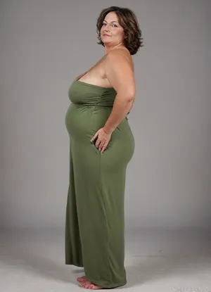 3/4 side view, Full body shot, beautiful 50 year old woman, green eyes, thin maxidress, obese, chubby, wide hips, curvy, small floppy breasts, sagging breasts, deflated breasts, tan lines, brown hair, SaggySlimXL, <lora:updated_saggy_slim:1>, <lora:clothed_small:.5>