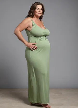 3/4 side view, Full body shot, beautiful 50 year old woman, green eyes, thin maxidress, fupa, big butt, obese, chubby, plump, wide hips, curvy, small floppy breasts, sagging breasts, deflated breasts, tan lines, brown hair, SaggySlimXL, <lora:updated_saggy_slim:1>, <lora:clothed_small:.5>