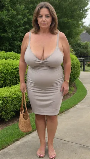 Full body shot, 60 year old woman, green eyes, plump, chubby, big hips, wide hips, curvy, small floppy breasts, sagging breasts, deflated breasts, tan lines, brown hair, layered haircut, upturned nose, SaggySlimXL, downblouse, nipslip, thin v-neck spaghetti strap dress, fupa, cameltoe, bottomheavy, big, ass, huge, gigantic, thick, thighs, massive, <lora:updated_saggy_slim:1>, <lora:clothed_small:.5>, <lora:RealDownblouseXL2:.8>, <lora:bottomheavy_v1_sdxl_tags:.8>, purse strap across her cleavage, holding a black purse